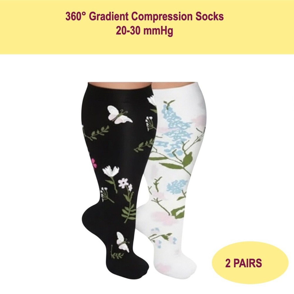 Unisex 20-30 mmHg Compression Socks 2XL Floral‎ Knee High Medical Black 2 Pack